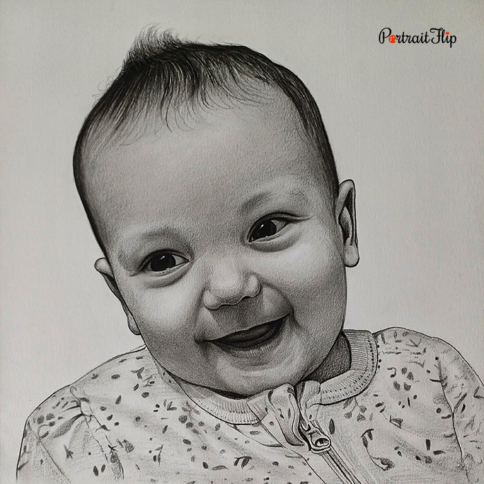 Charcoal drawing of smiling baby in floral pajamas